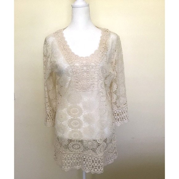 Solitaire Swim Cover Up Lace Cream Beige Lace Cover Up Size M - Picture 1 of 16